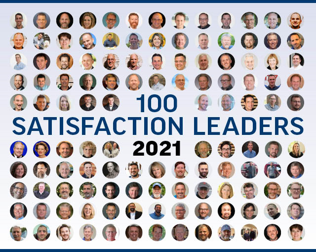 Graphic illustration with words "100 Satisfaction Leaders 2021" and a field filled with cameo portraits