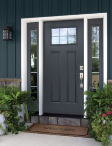 Nightfall-colored Shaker-style front door sidelights in matching color on either side
